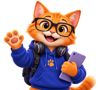 Leo, mascota de Soy Tu Profe IA, gato naranja con gafas y sudadera azul